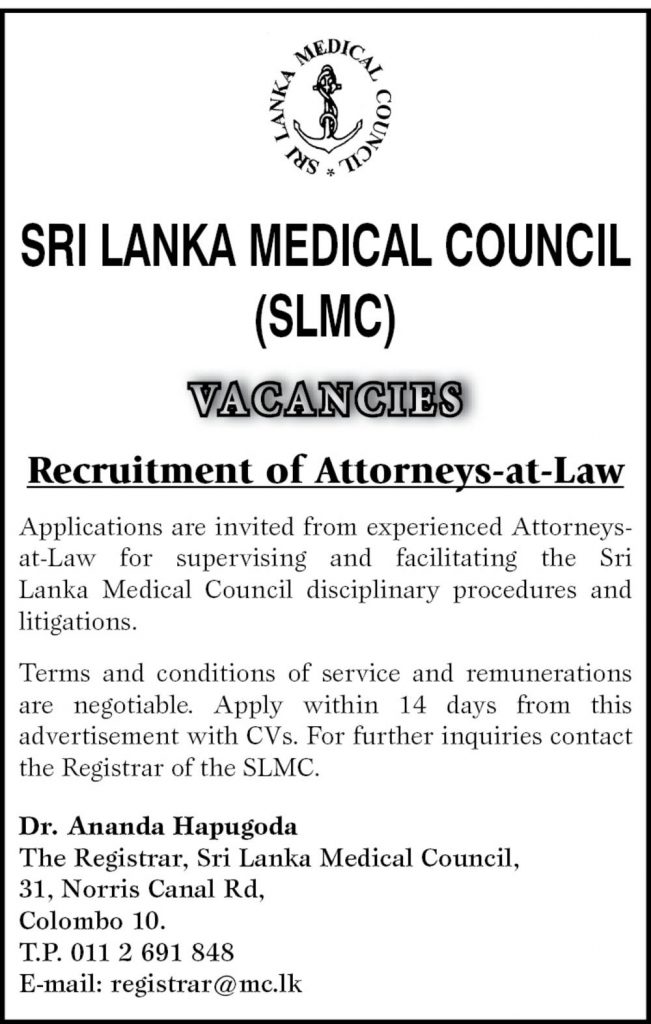 Recruitment of Attorneys at law Vacancies Sri Lanka Medical Council