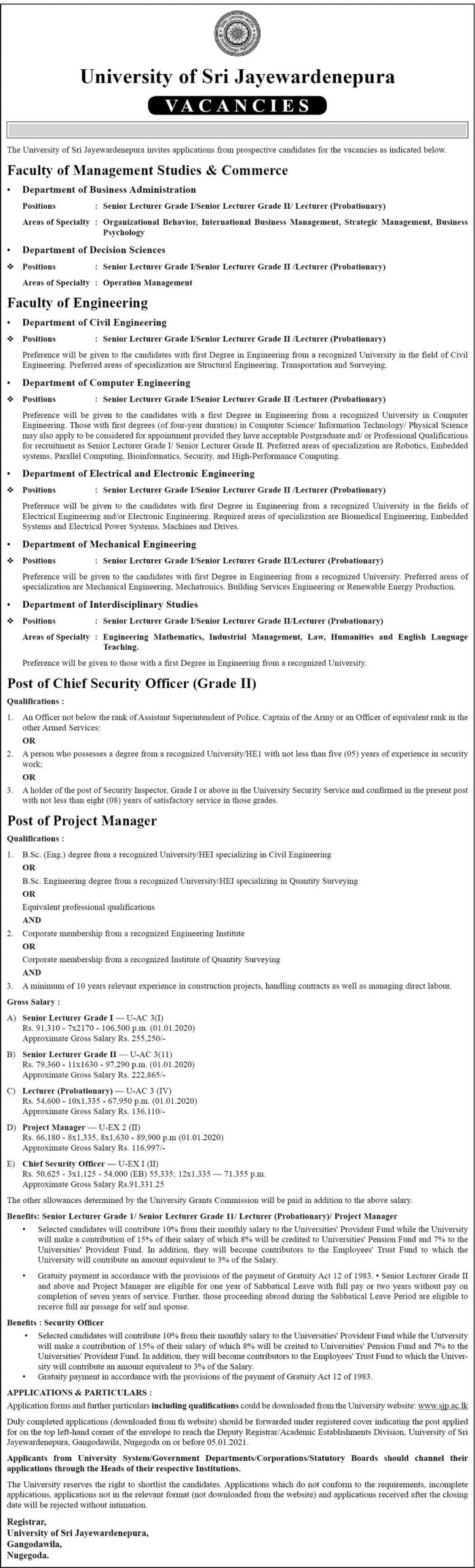 Vacancies at University of Sri Jayewardenepura