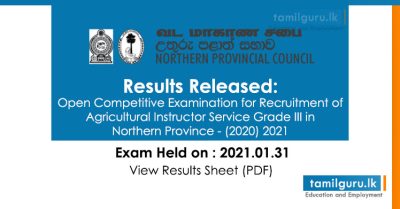 Result Agricultural Instructor Service Exam Northern Province 2021