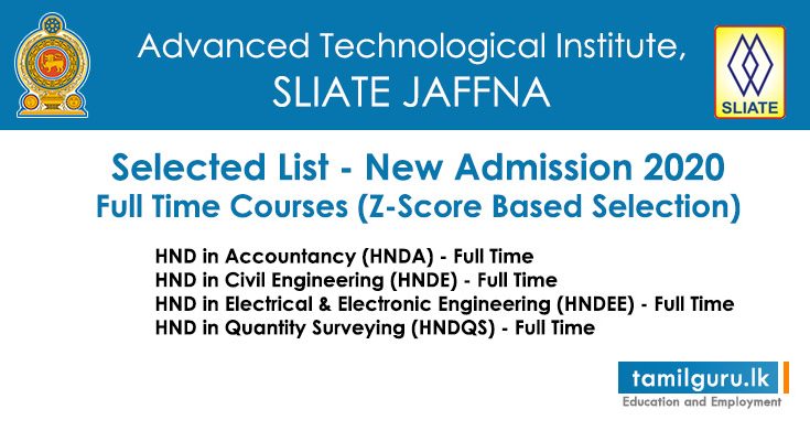 Jaffna SLIATE 2020 Selected List - Full Time Courses (Z-Score Based)