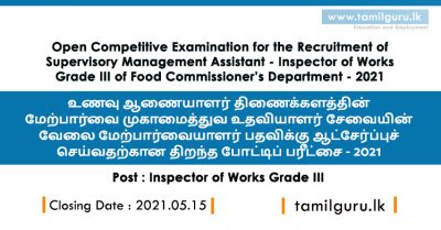 Inspector of Works Vacancies 2021 (Open Exam) Food Commissioner’s Department