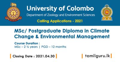 MSc/ Postgraduate Diploma in Climate Change and Environmental Management 2021 - University of Colombo