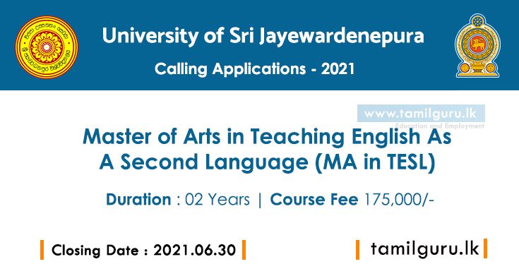 MA in Teaching English As A Second Language - TESL - 2021 Jayewardenepura University