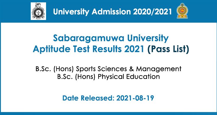 Sabaragamuwa University Aptitude Test 2021 Results - Sports Science, Physical Education