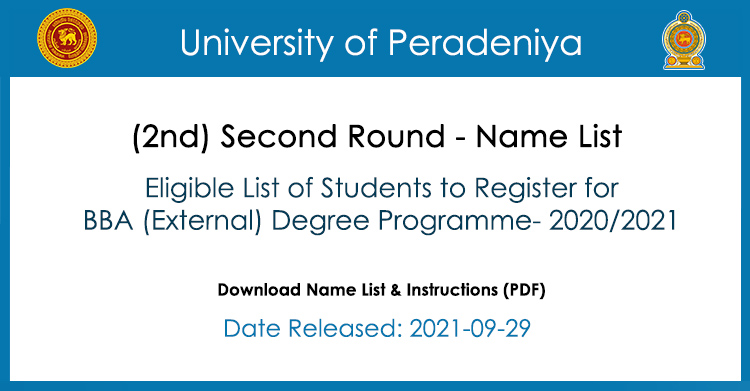 2nd Round of Selected Name List - BBA External Degree 2021 Peradeniya University