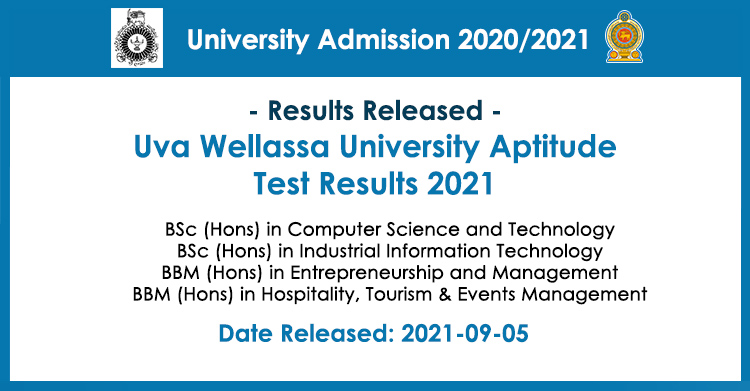 Uva Wellassa University Aptitude Test Results 2021