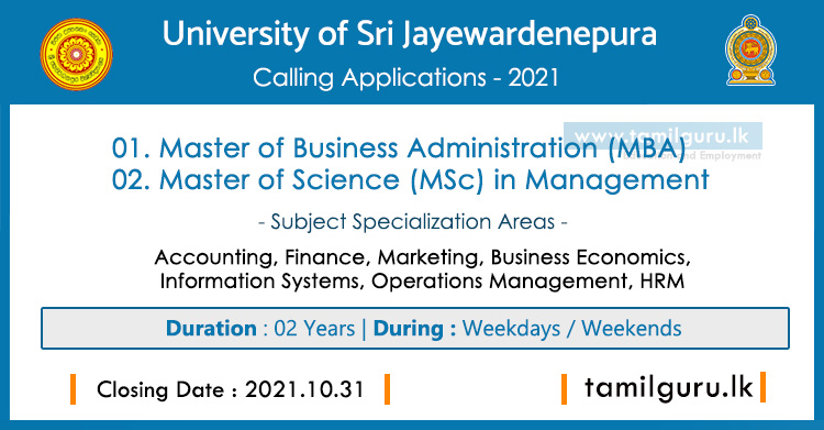 Master of Business Administration (MBA), MSc in Management 2022 - University of Sri Jayewardenepura