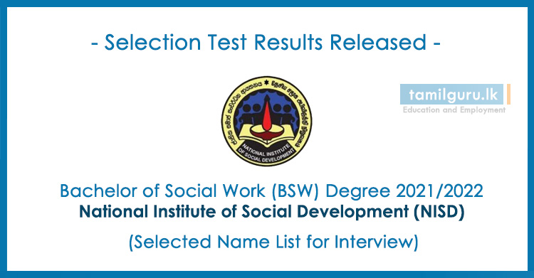 Bachelor of Social Work (BSW) Degree Selection Test Results 2021 - National Institute of Social Development (NISD)