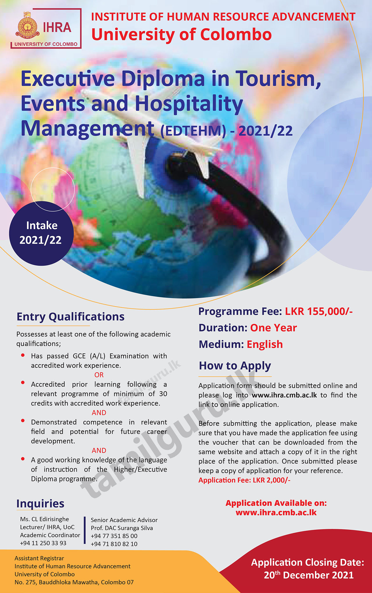 Executive Diploma in Tourism, Events and Hospitality Management (EDTEHM) 2021/2022 - University of Colombo