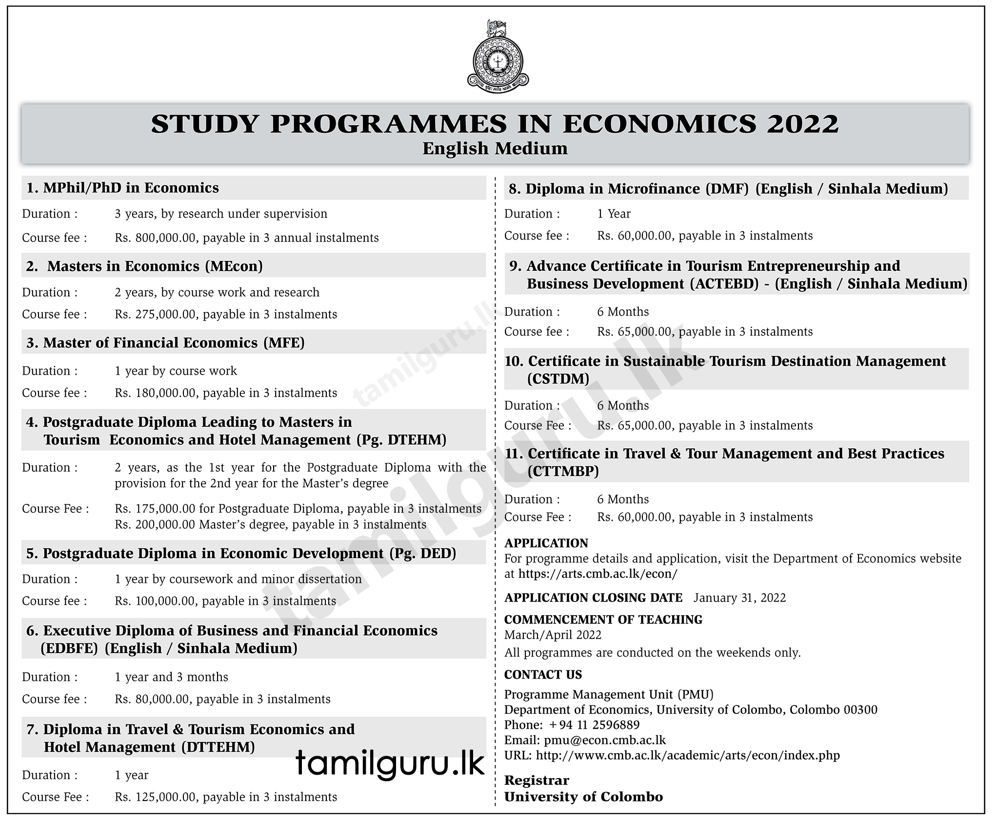 Study Programmes in Economics 2022 (Courses) - University of Colombo