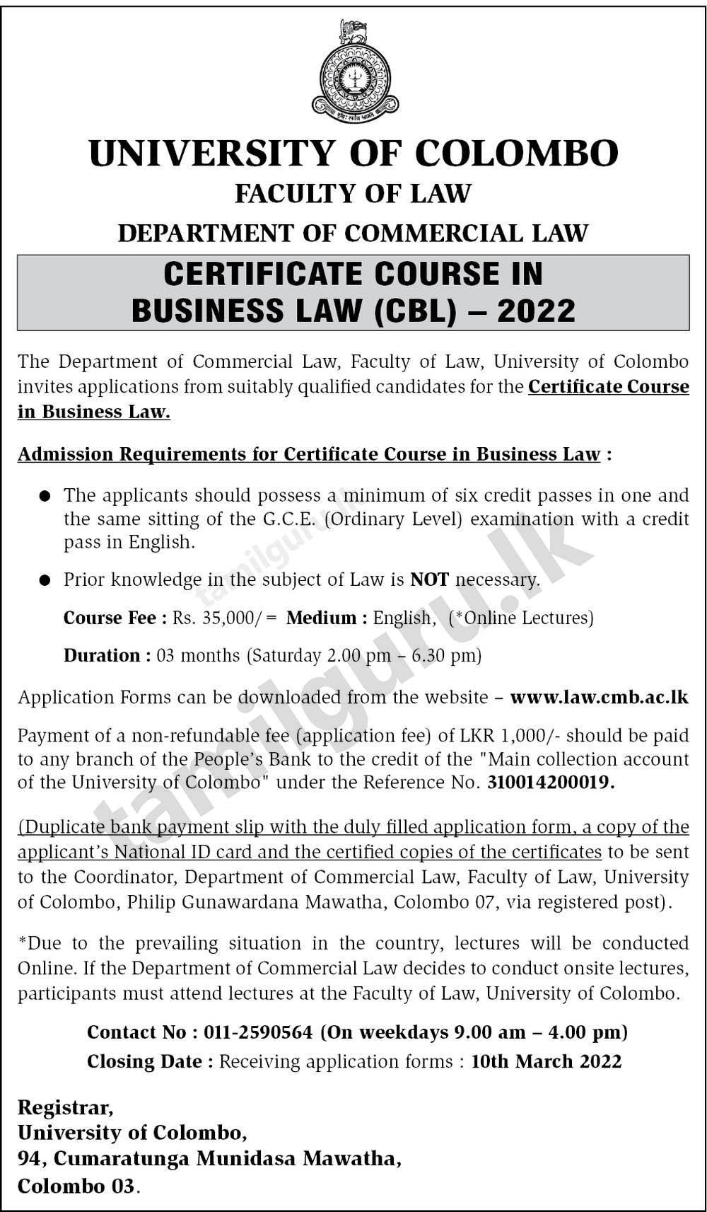 Certificate Course in Business Law (CBL) 2022 - University of Colombo - Notice in English