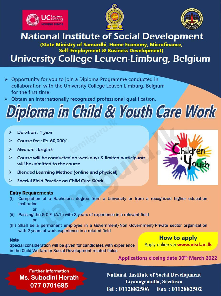 Calling Applications for Diploma in Child & Youth Care Work Course - National Institute of Social Development (NISD) - 2022