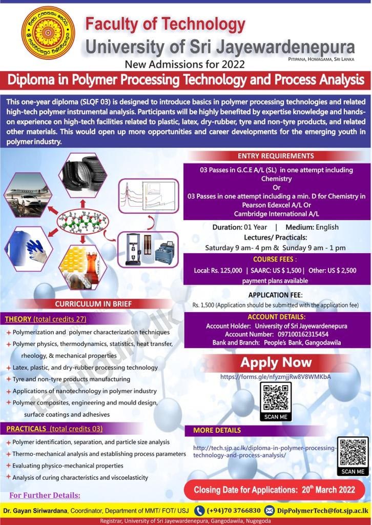 Calling Applications for Diploma in Polymer Processing Technology and Process Analysis 2022 - University of Sri Jayewardenepura