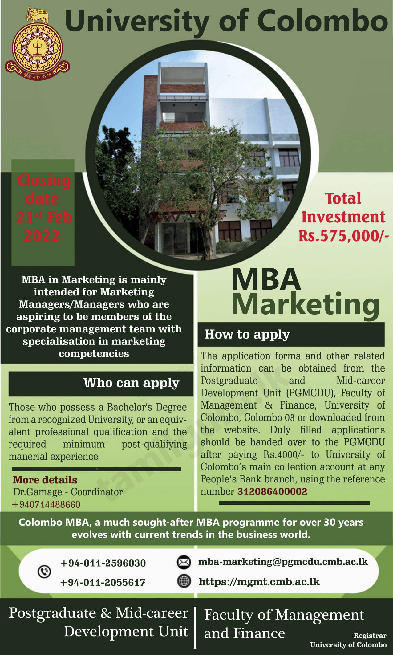 Calling Applications for Master of Business Administration (MBA) in Marketing Program - University of Colombo 2022