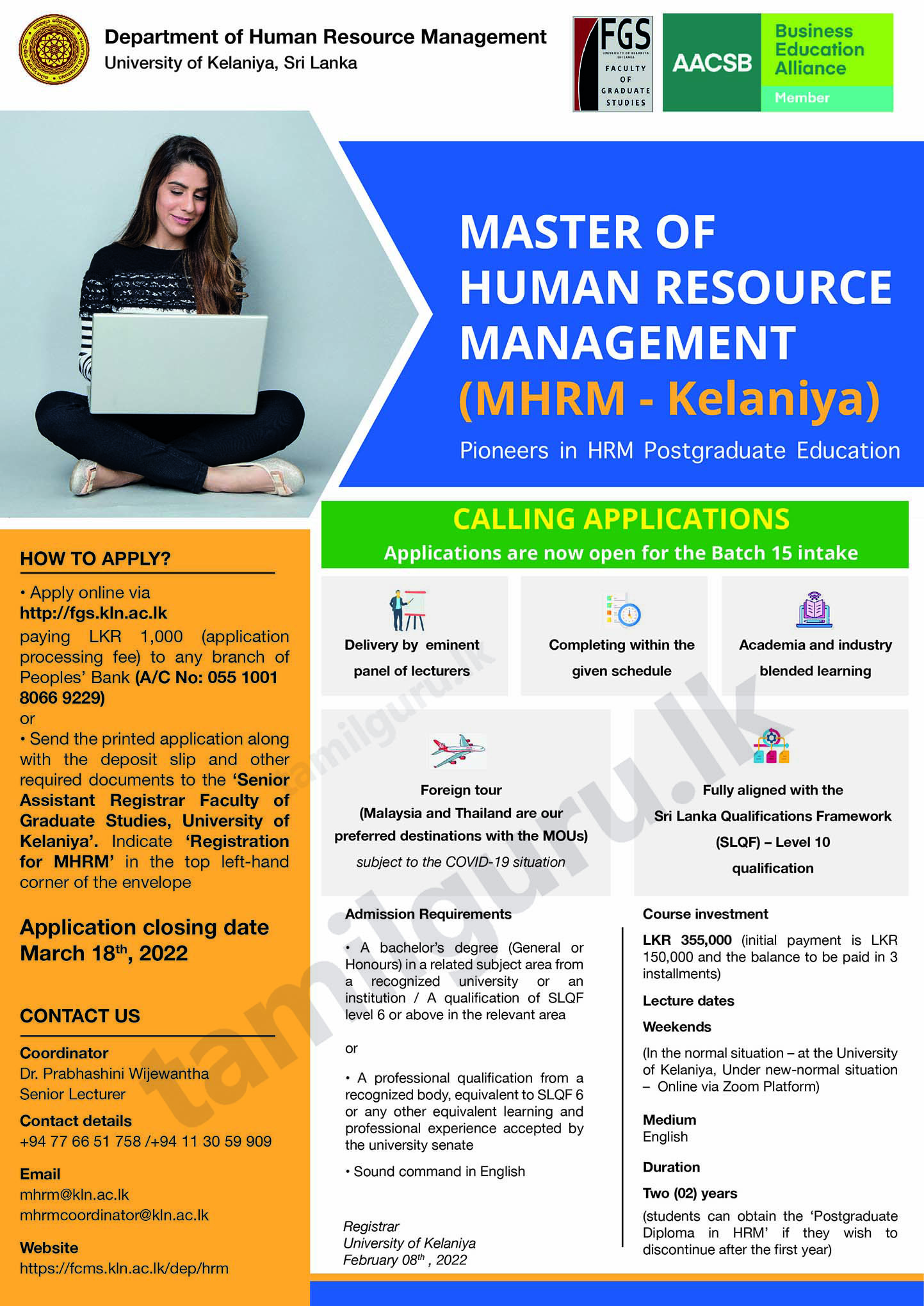 Calling Applications for Master of Human Resource Management (MHRM) 2022 - University of Kelaniya - Apply Now