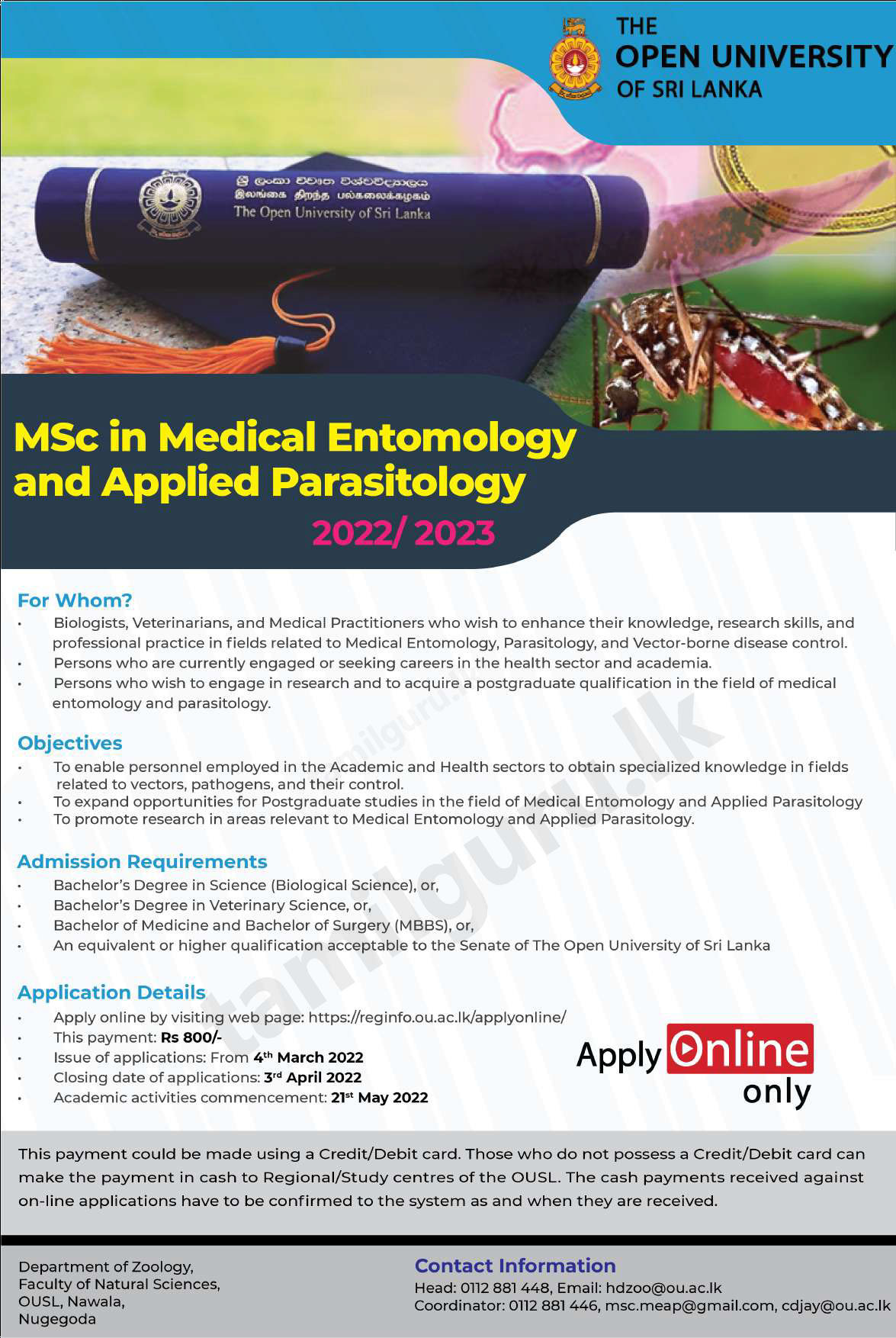 Master of Science (MSc) in Medical Entomology & Applied Parasitology 2022 - The Open University of Sri Lanka (OUSL) Notice in English
