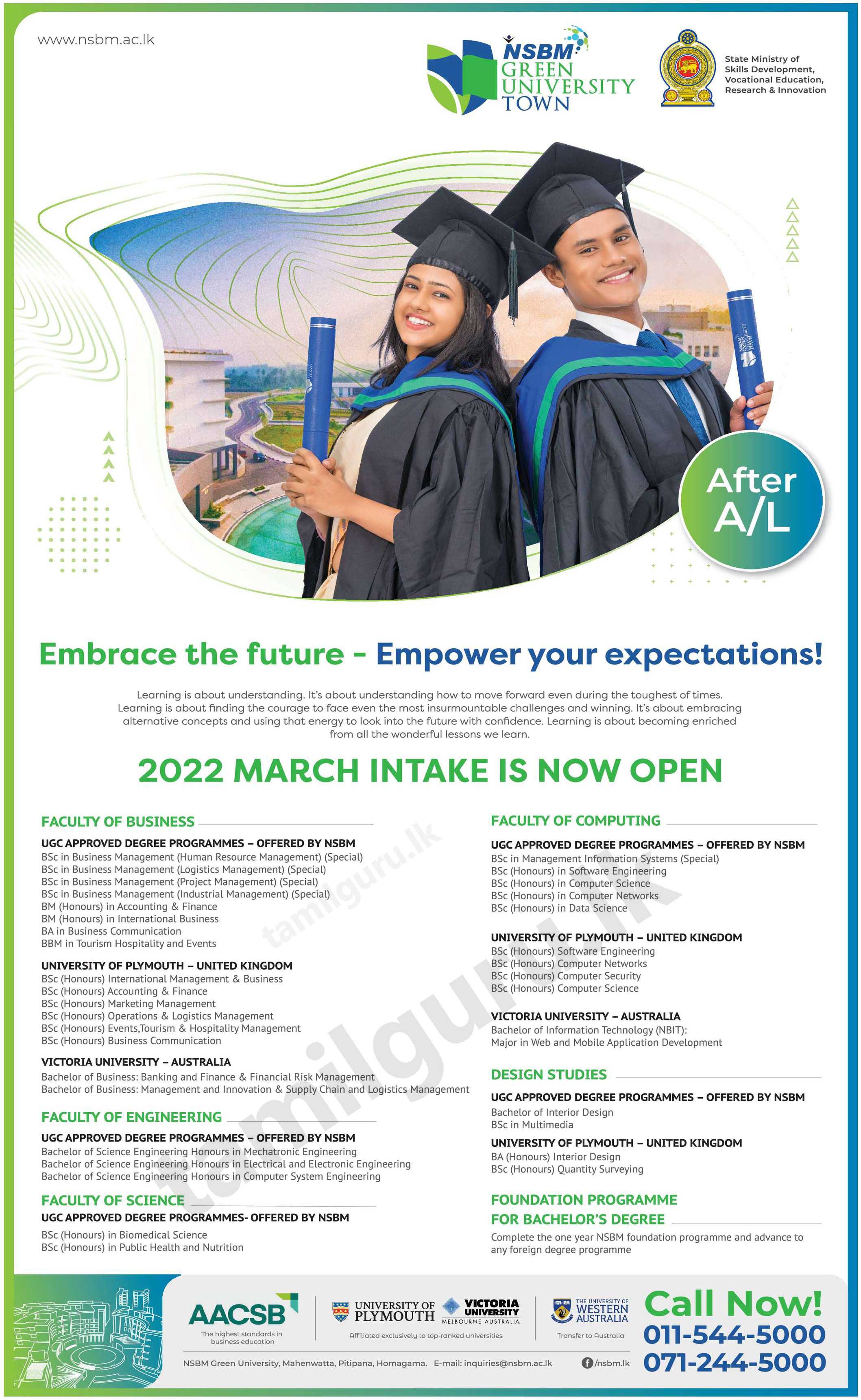 Admission for Degree Programmes (2022 March Intake) - NSBM Green University (National School of Business Management)
