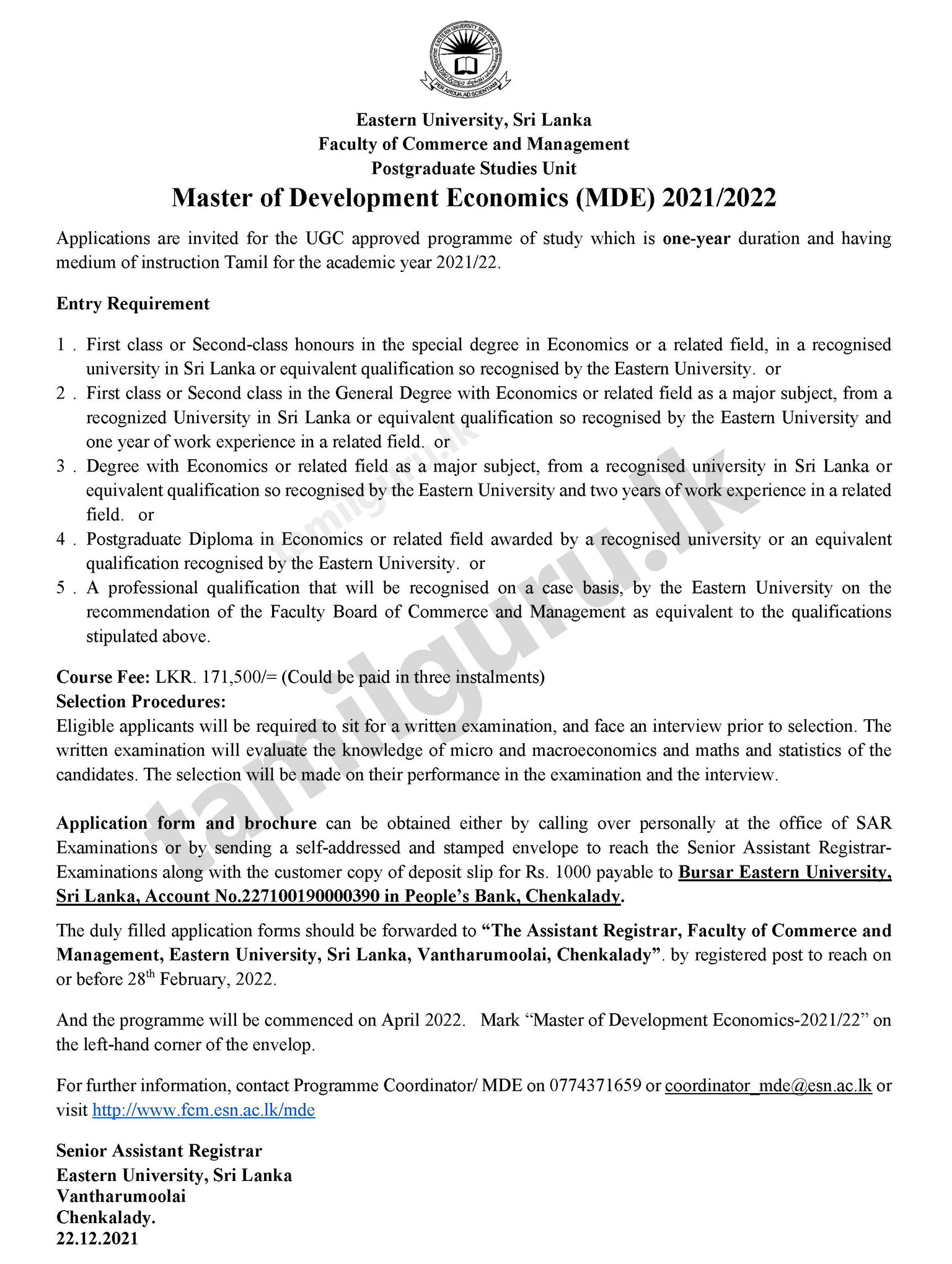 Master of Development Economics (MDE) 2021/2022 - Eastern University