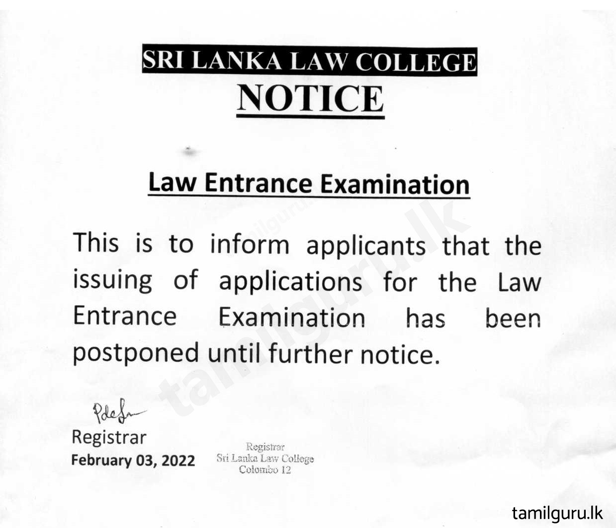 Special Notice from Sri Lanka Law College - Postponement of Issuing Applications for Law Entrance Examination 2022