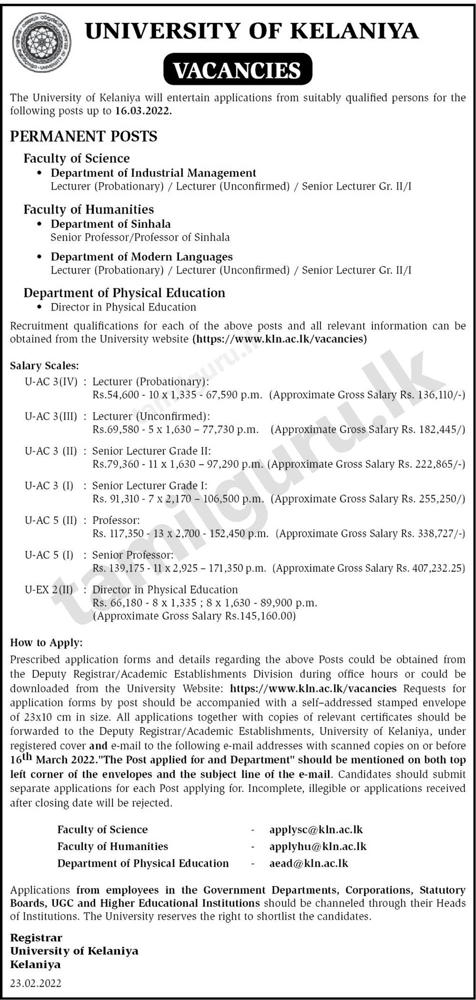 University of Kelaniya Vacancies 2022-02-25 (Lecturer (Probationary / Unconfirmed), Senior Lecturer, Professor, Senior Professor, Director in Physical Education) - Notice in English