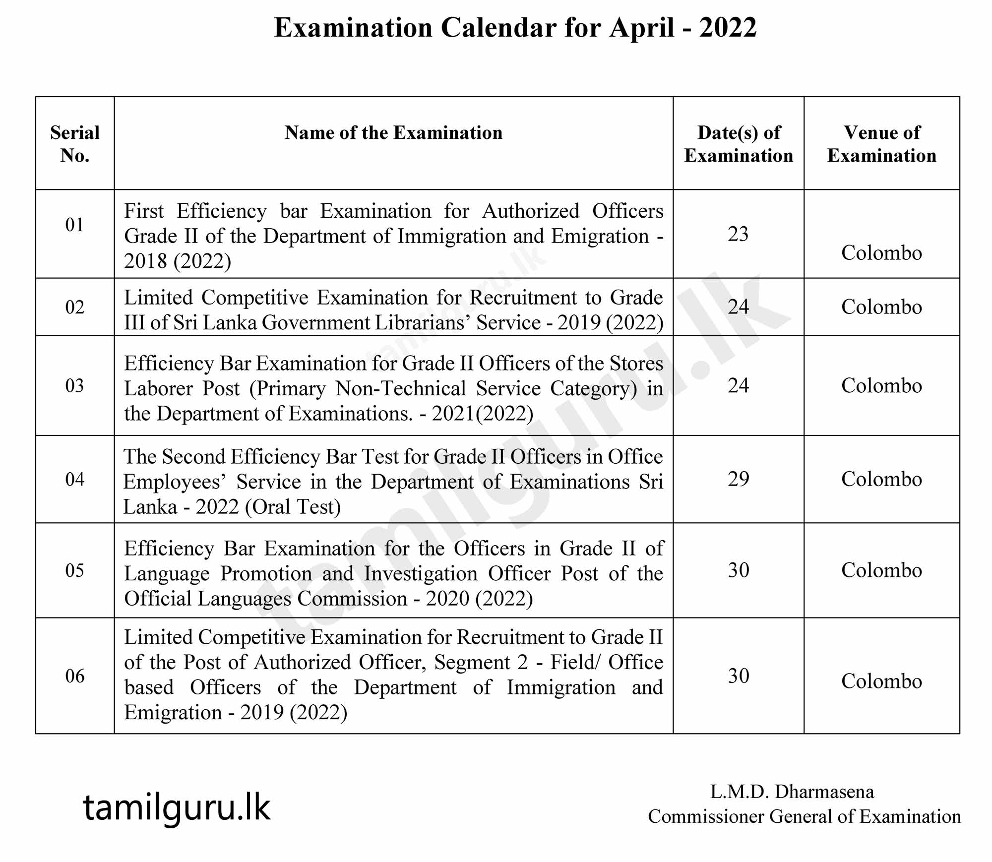 Examination Calendar for April - 2022
