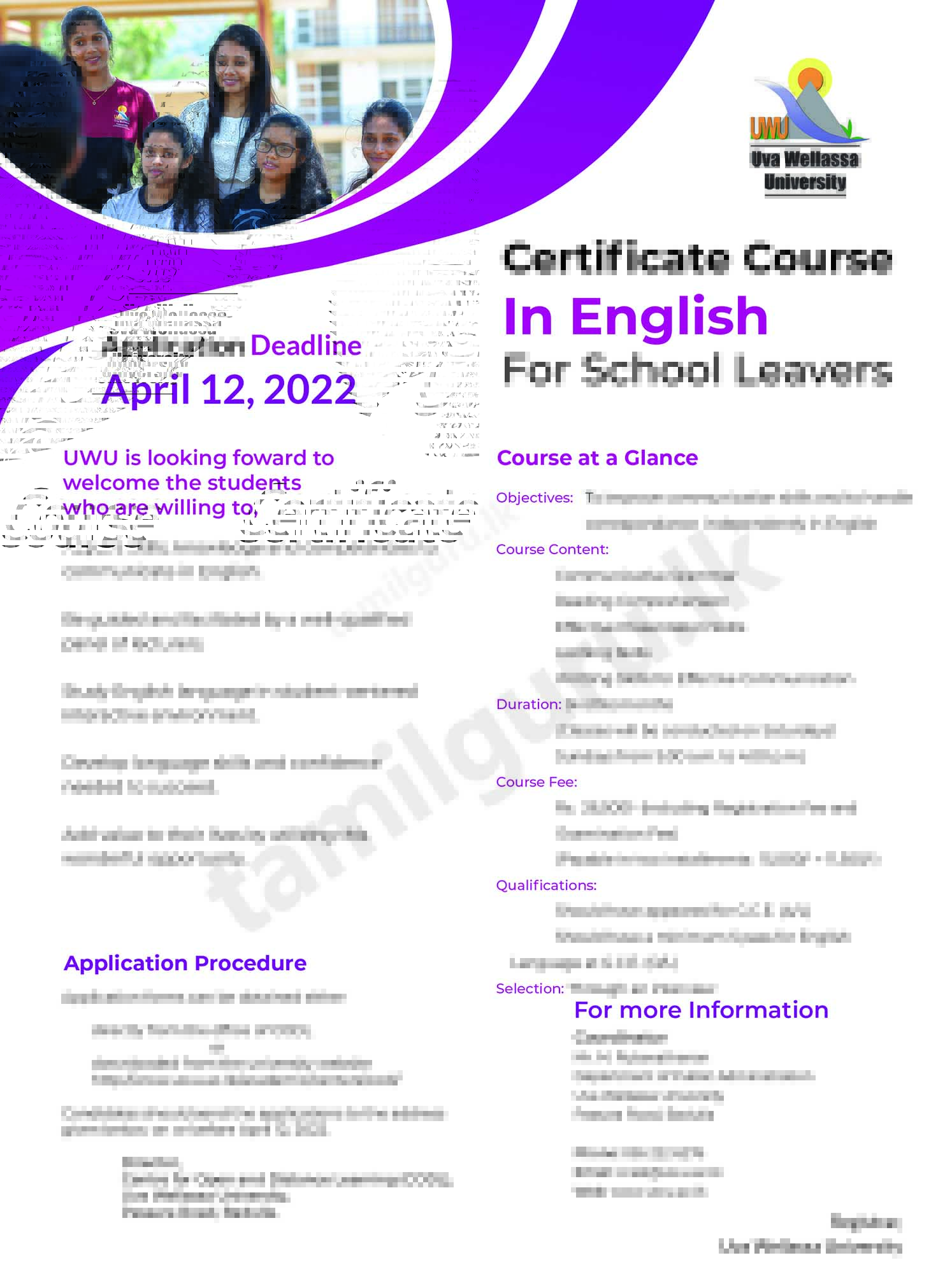 Certificate Course in English for School Leavers 2022 - Uva Wellassa University (UWU) - Paper Notice