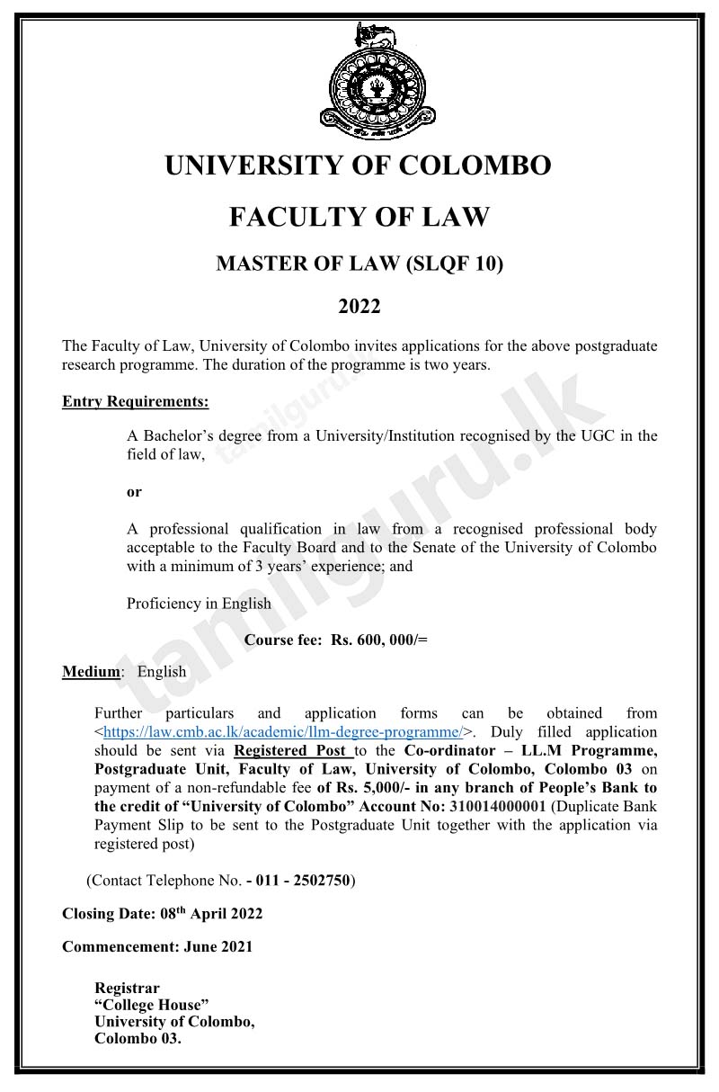 Calling Applications for Master of Laws (LL.M) 2022 Intake Conducted by Faculty of Law, University of Colombo