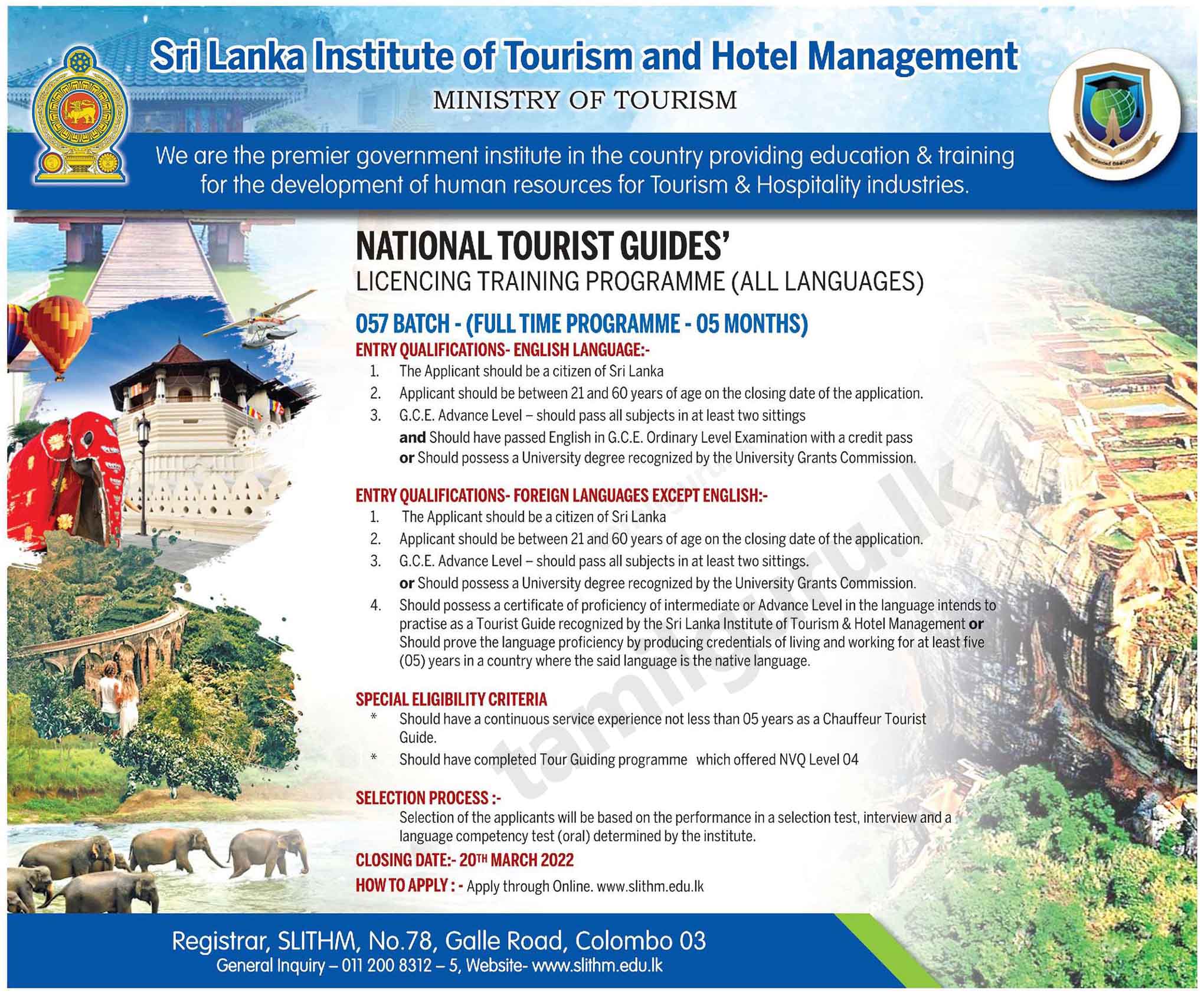 National Tourist Guides' Licencing Training Programme (All Languages) 2022 - Sri Lanka Institute of Tourism & Hotel Management (SLITHM) (Notice in English)