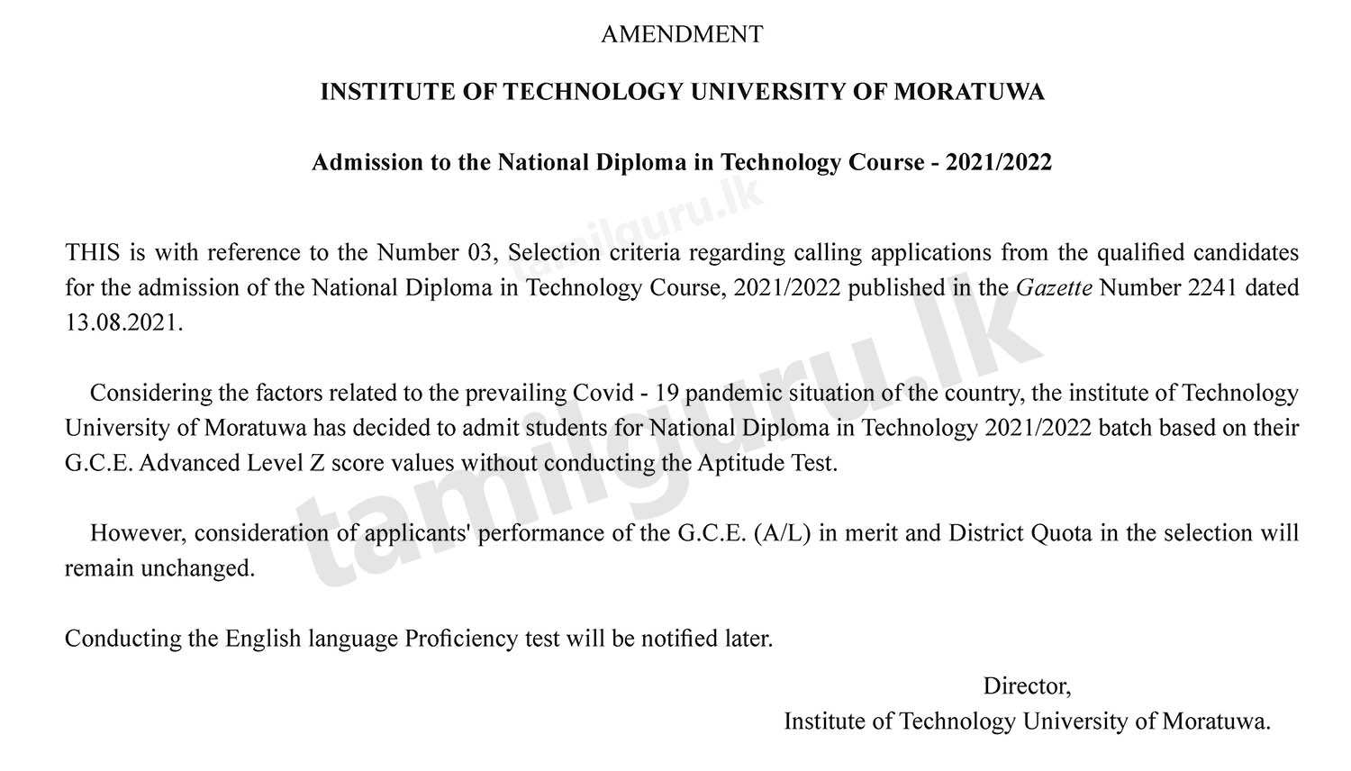 Important Notice for Applicants on Cancellation of the Aptitude Test - NDT Intake 2021/2022 (Notice in English)