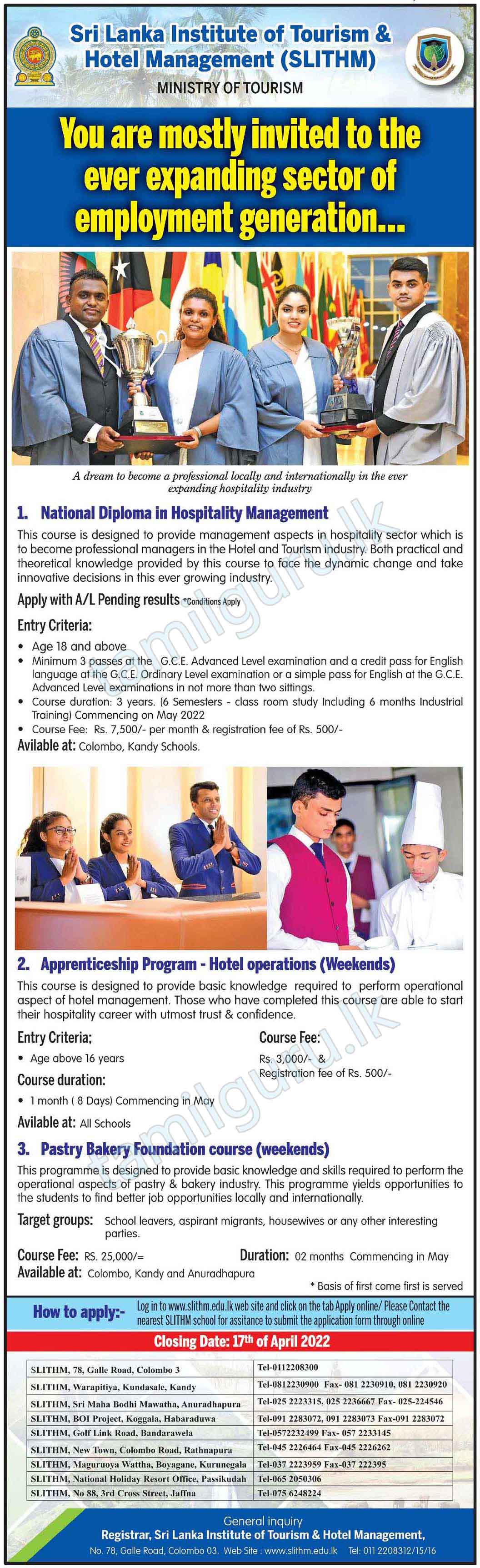 Calling Applications for Courses Conducted by Sri Lanka Institute of Tourism & Hotel Management (SLITHM) - 2022
