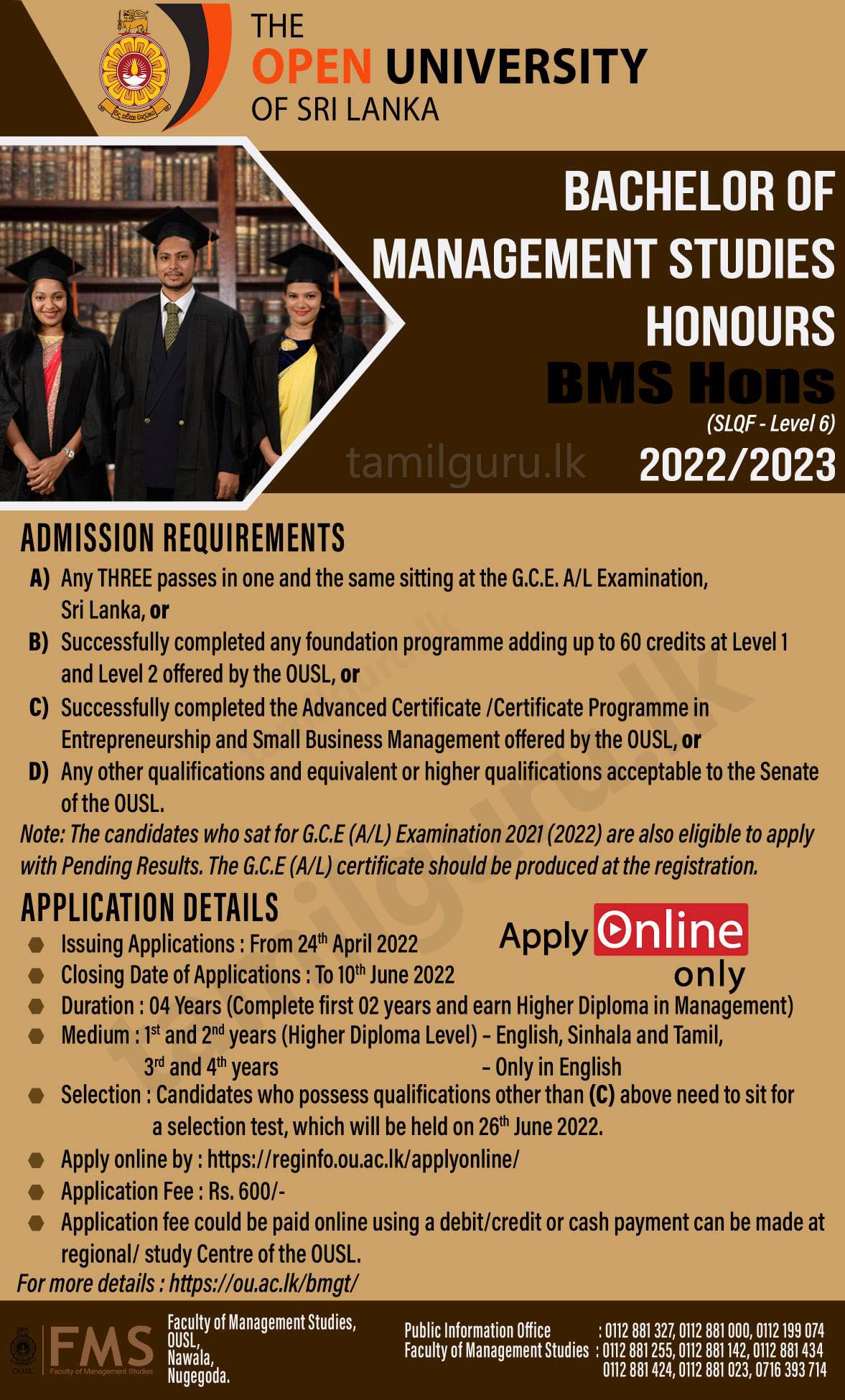 Bachelor of Management Studies (BMS) (Hons) Degree Programme 2022/2023 - The Open University of Sri Lanka (OUSL)