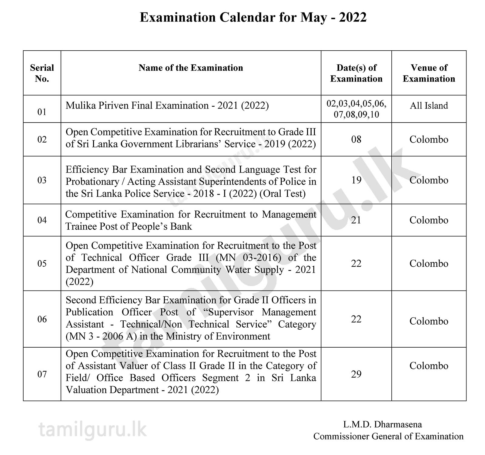 Examination Calendar for May - 2022