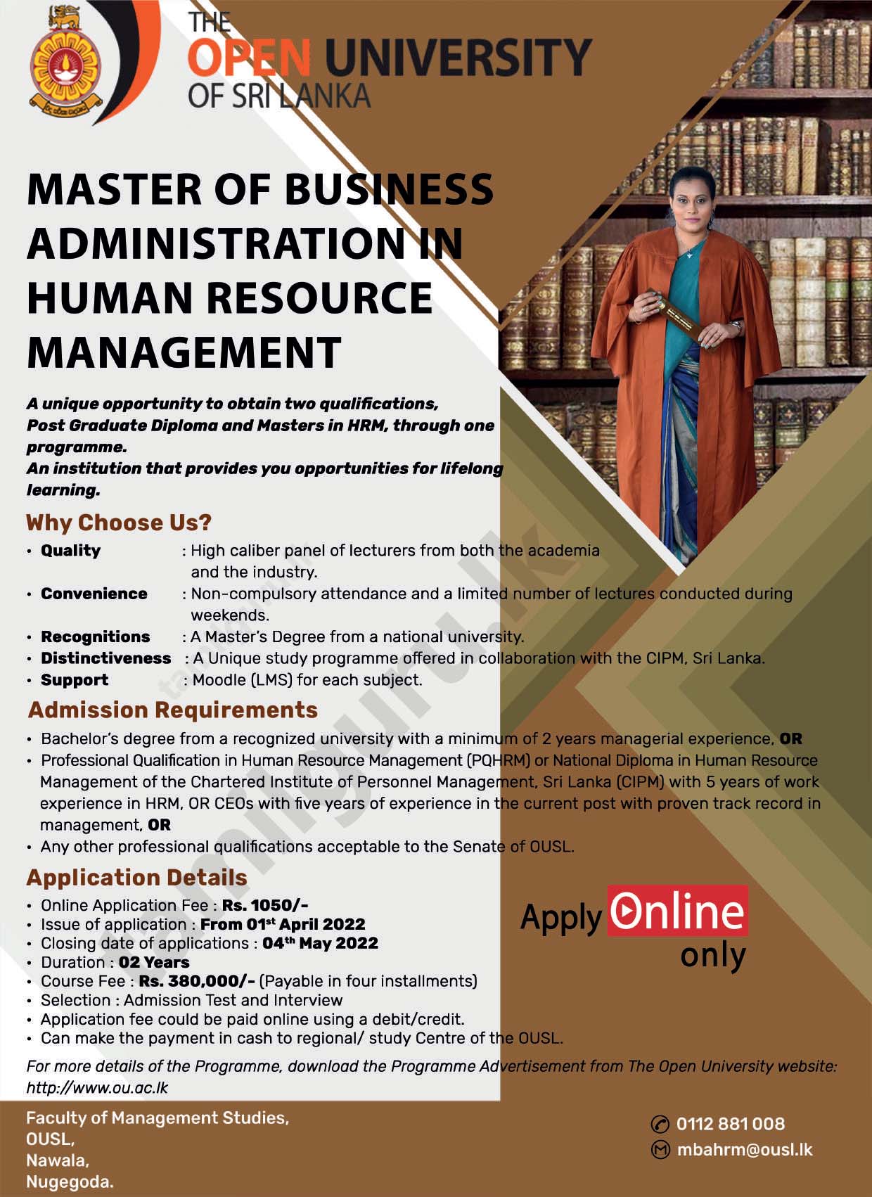 Calling Applications for Master of Business Administration (MBA) in Human Resource Management (HRM) 2022 Conducted by The Open University of Sri Lanka (OUSL)