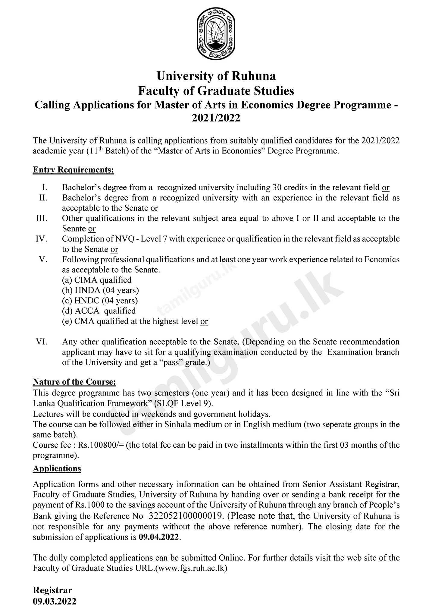Master of Arts (M.A) in Economics Degree Programme (2021/2022) - University of Ruhuna