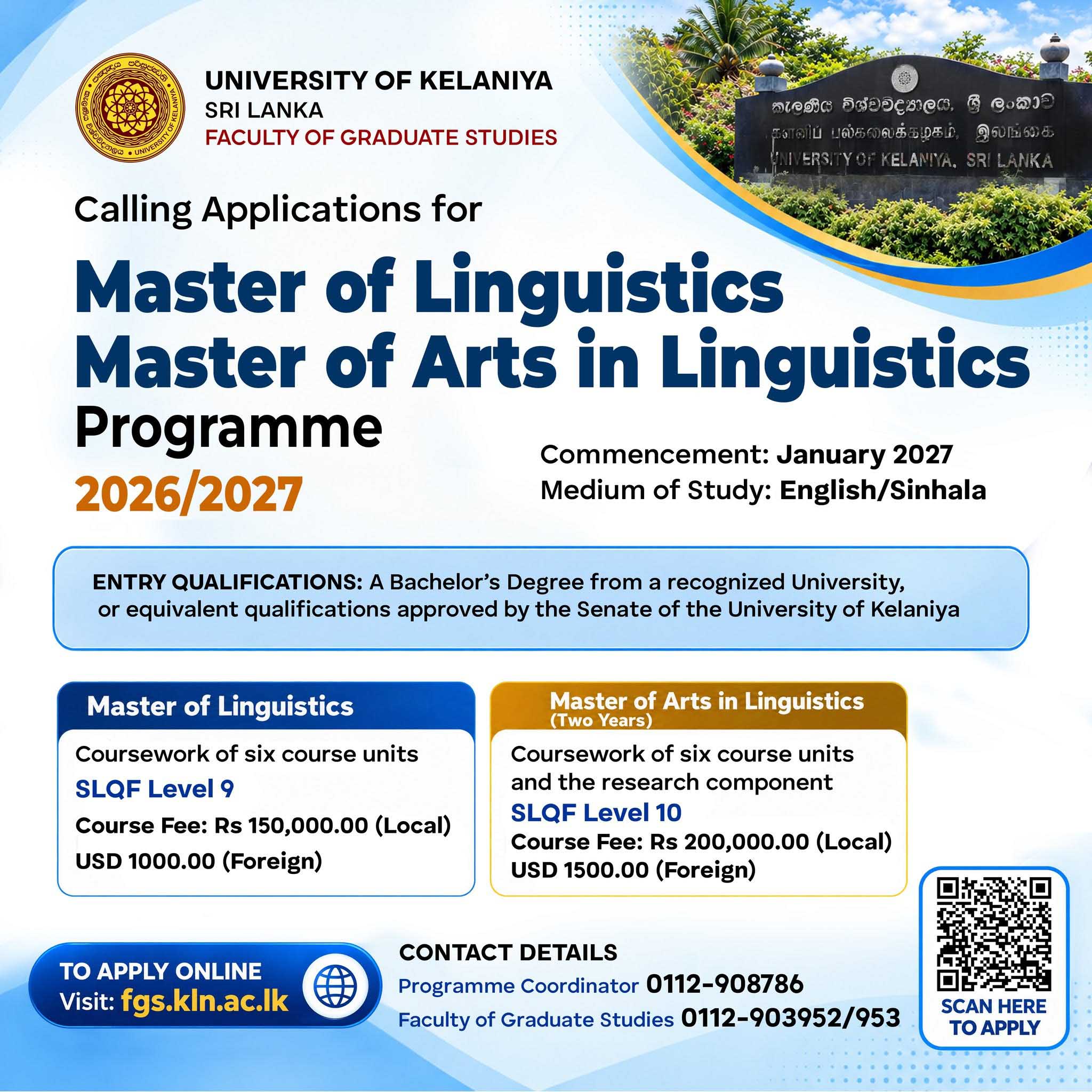 Master of Arts (MA) in Linguistics 2026 - University of Kelaniya