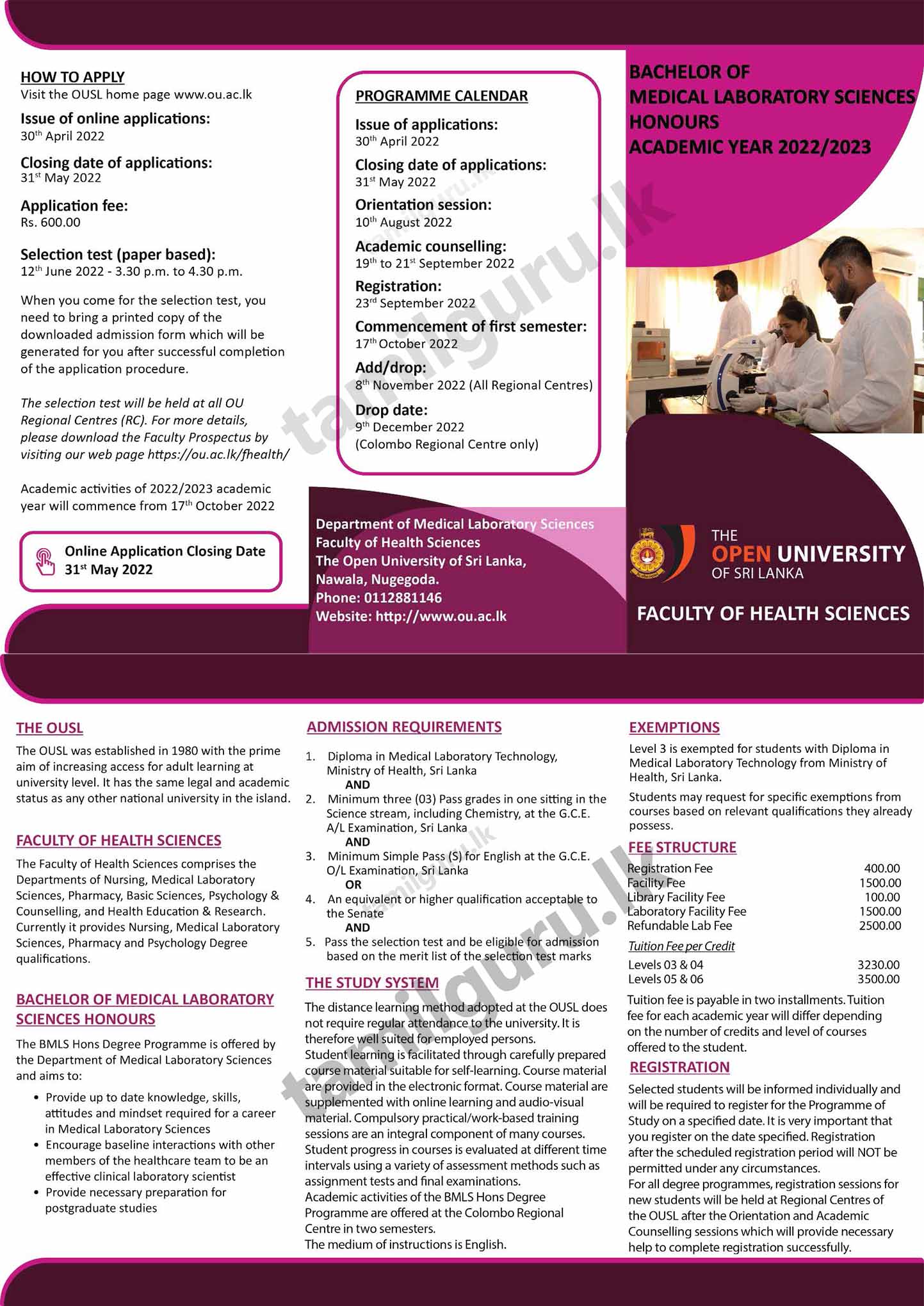 Bachelor of Medical Laboratory Sciences (BMLS) Degree Programme 2022/2023 - The Open University of Sri Lanka