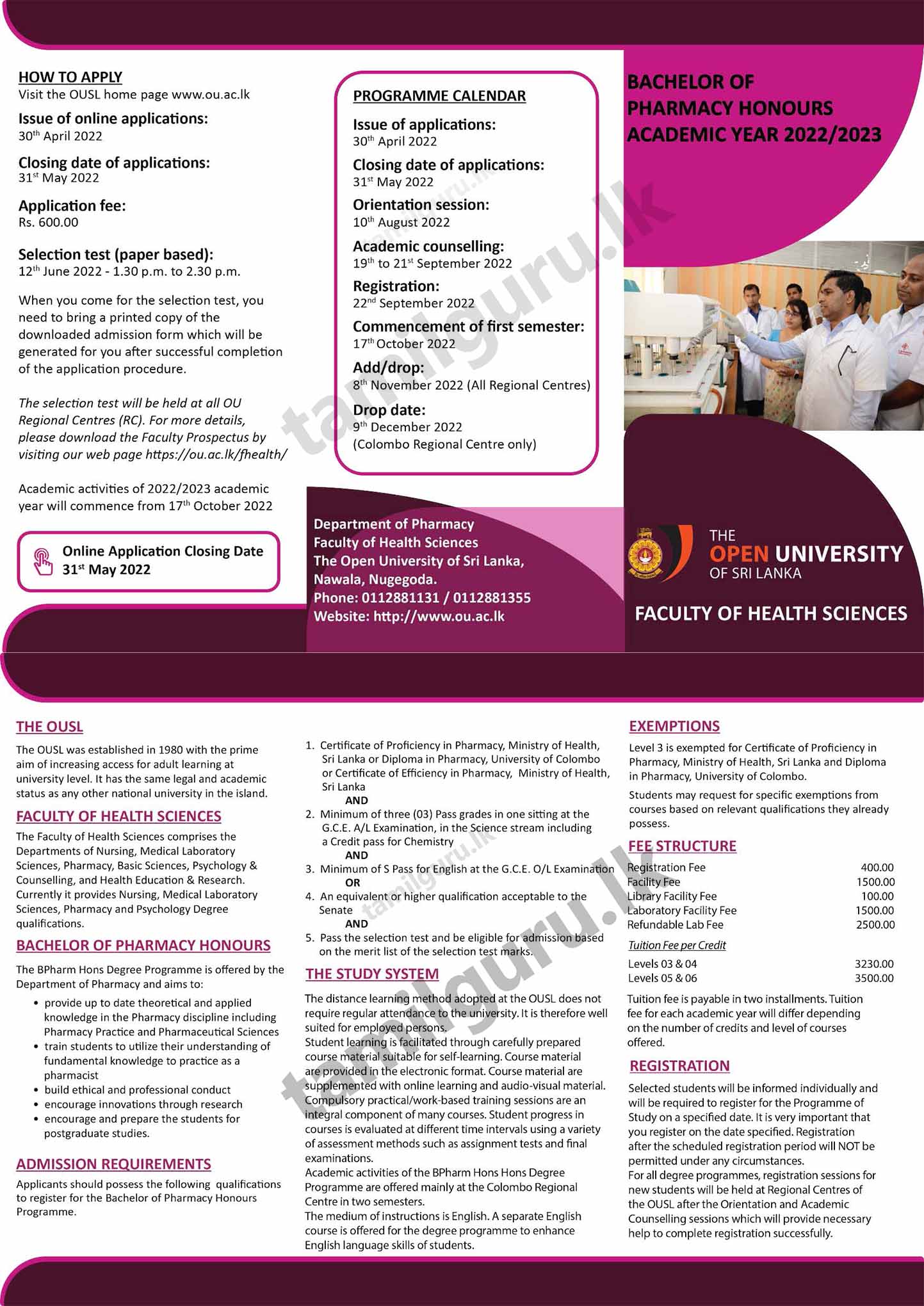 Bachelor of Pharmacy (BPharm) Degree Programme 2022/2023 - The Open University of Sri Lanka