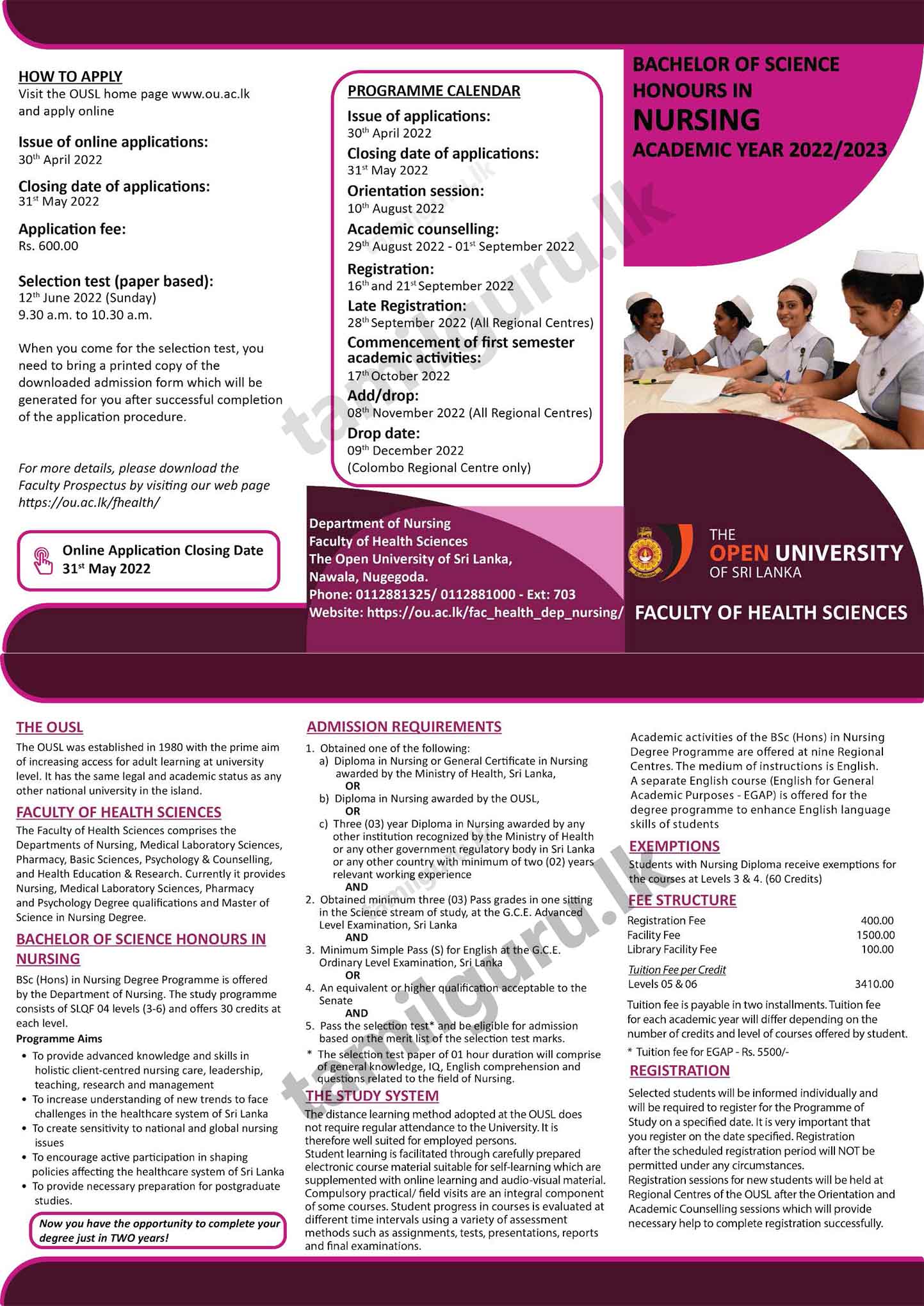 Bachelor of Science (BSc) in Nursing Degree Programme 2022/2023 - The Open University of Sri Lanka (OUSL)