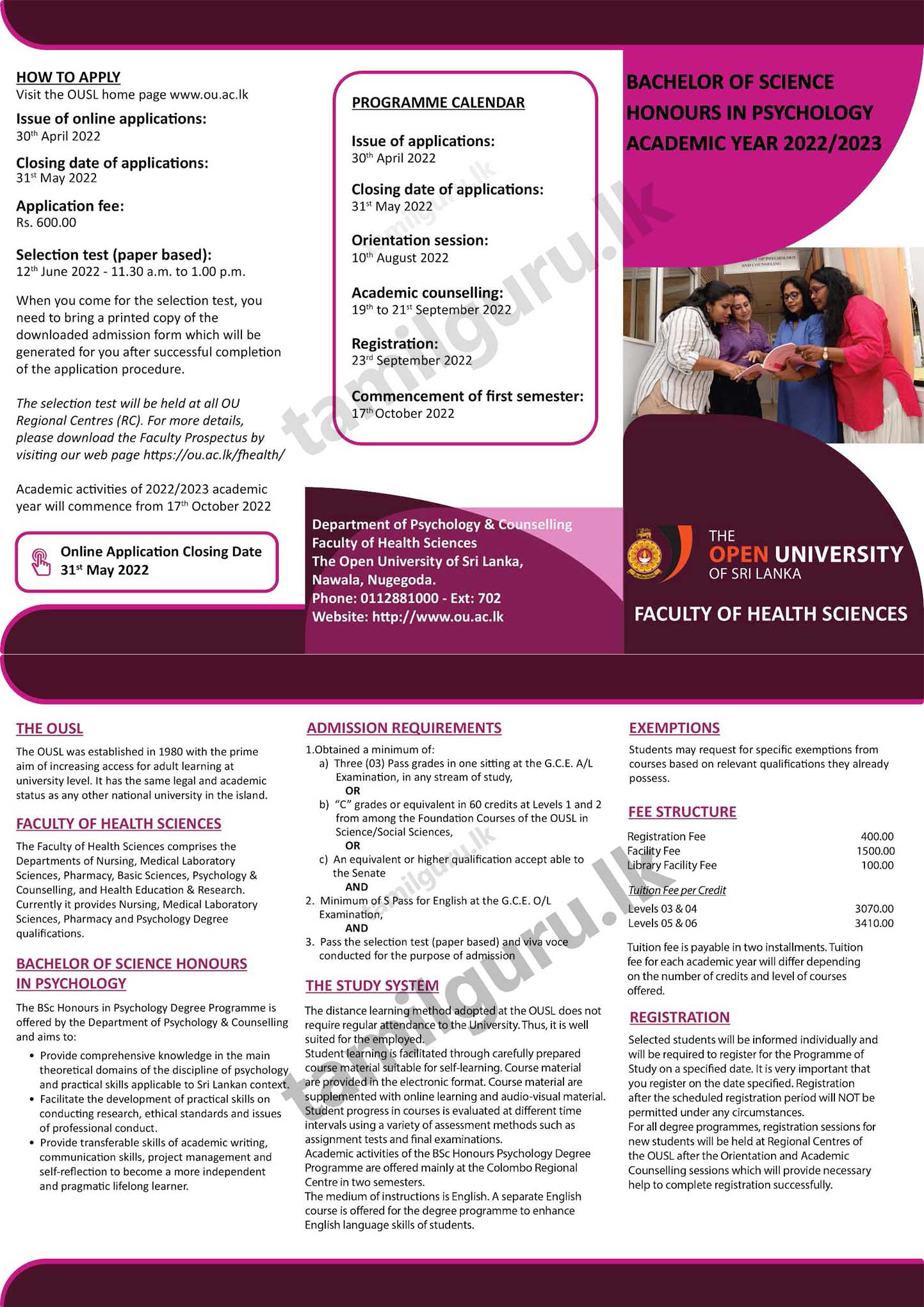 Bachelor of Science (BSc) in Psychology Degree Programme 2022/2023 - The Open University of Sri Lanka