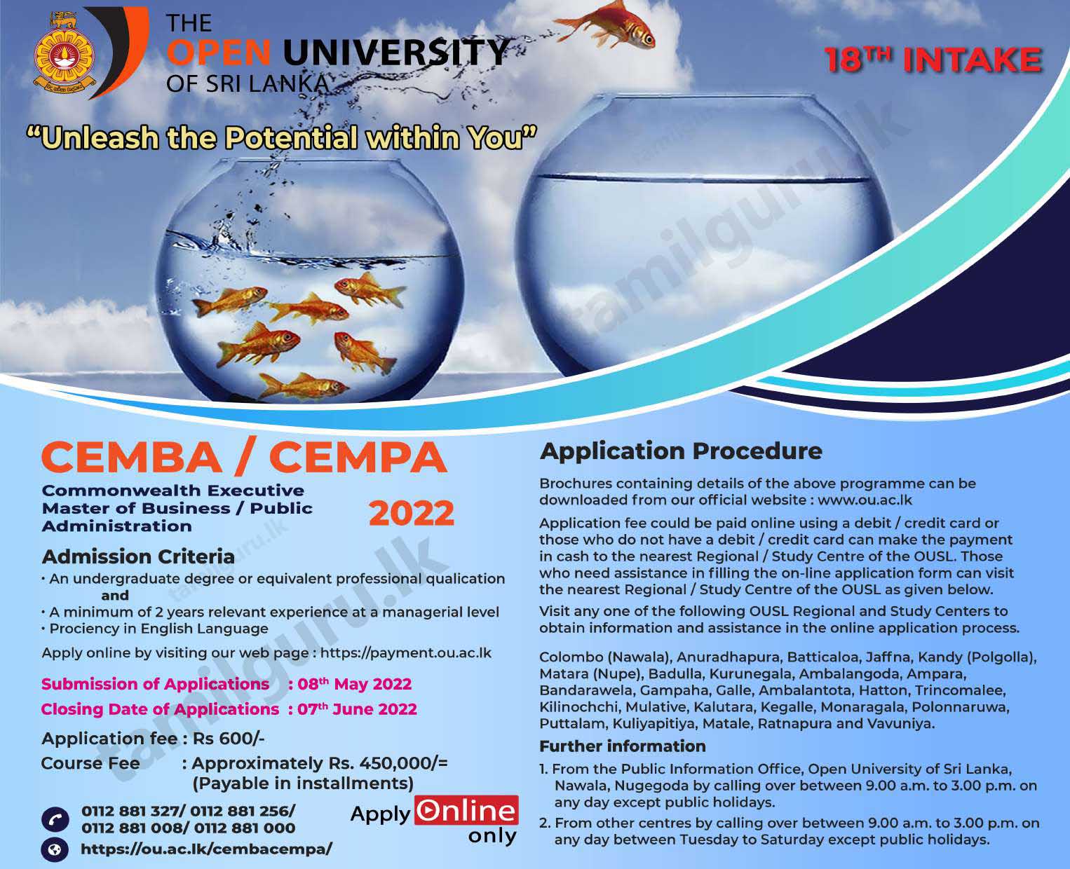 Calling Applications for Commonwealth Executive Master of Business Administration / Public Administration (MBA/MPA) - Open University of Sri Lanka