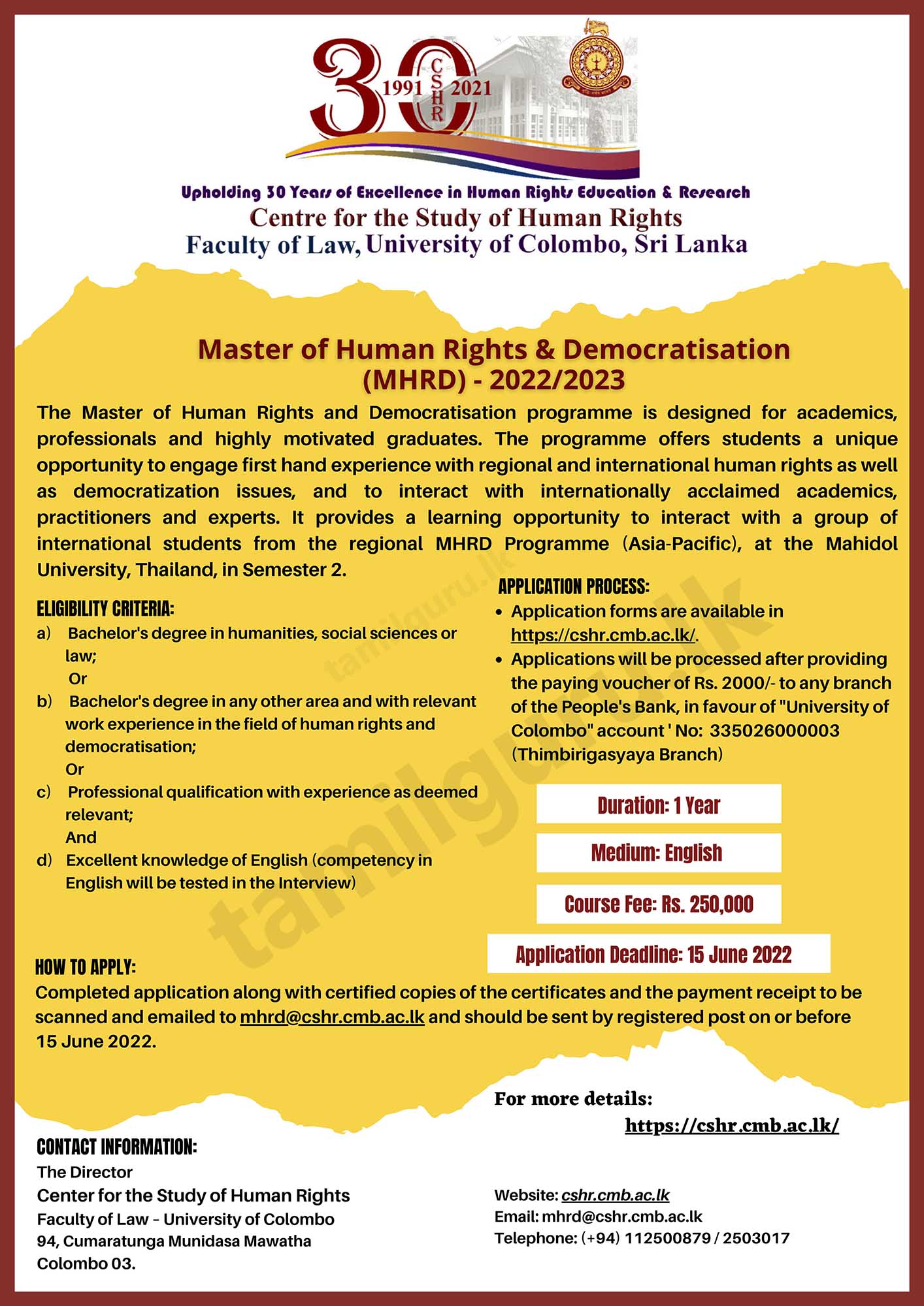Master of Human Rights and Democratisation (MHRD) 2022/2023 - University of Colombo