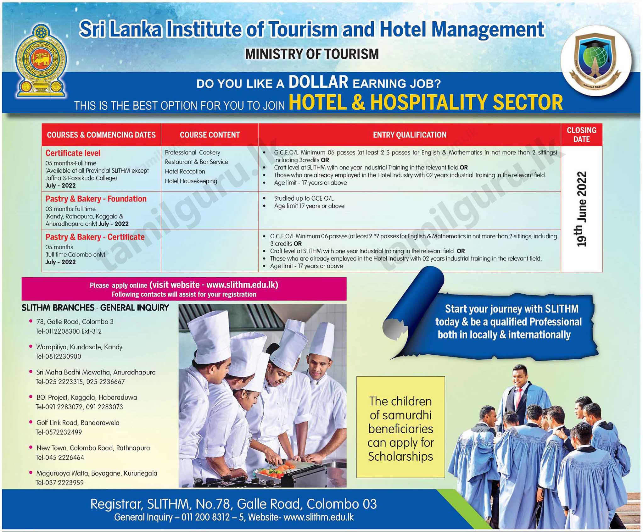Calling Applications for Hotel Management Courses (2022.05.22) July Intake - Sri Lanka Institute of Tourism & Hotel Management (SLITHM)