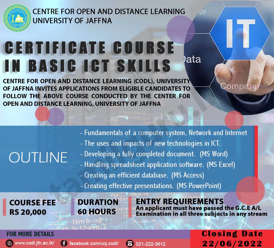 Advertisement Notice for Certificate Course in Basic ICT Skills (2022) - University of Jaffna