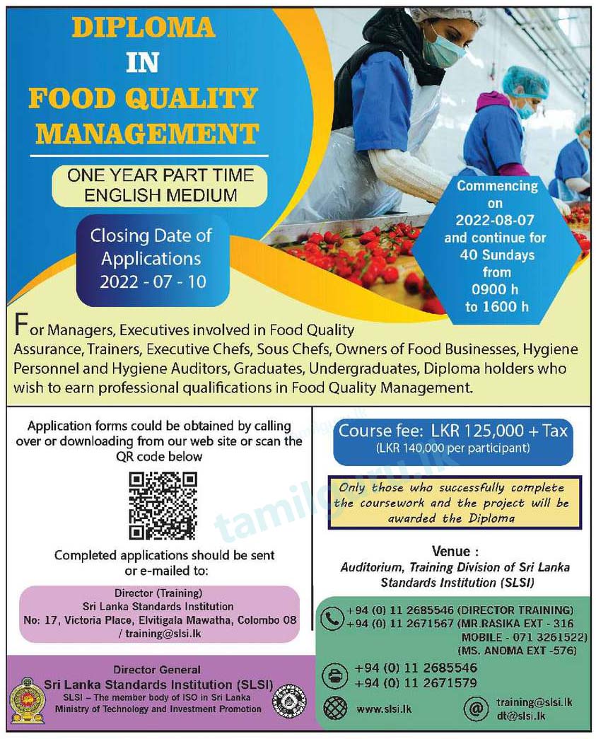 Application Calling Notice for Diploma in Food Quality Management (Course) 2022 by Sri Lanka Standards Institution (SLSI)