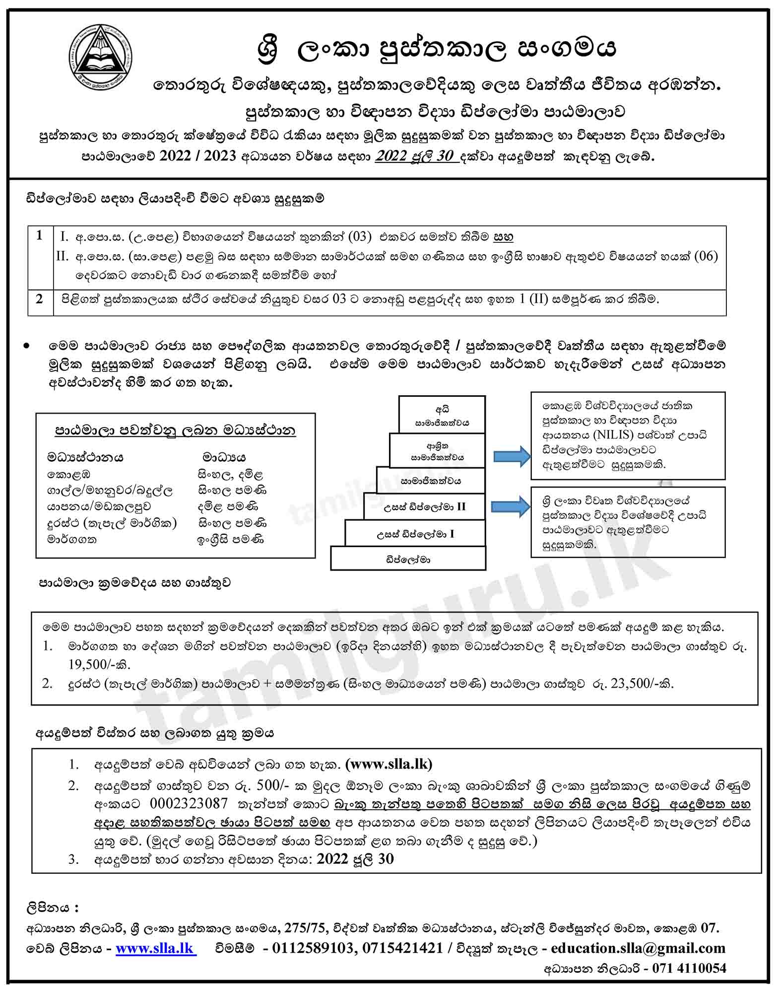 Diploma in Library and Information Science (DLIS) Course 2022/2023 - Sri Lanka Library Association / පුස්තකාල හා විඥාපන විද්‍යා ඩිප්ලෝමා පාඨමාලාව - ශ්‍රී ලංකා පුස්තකාල සංගමය