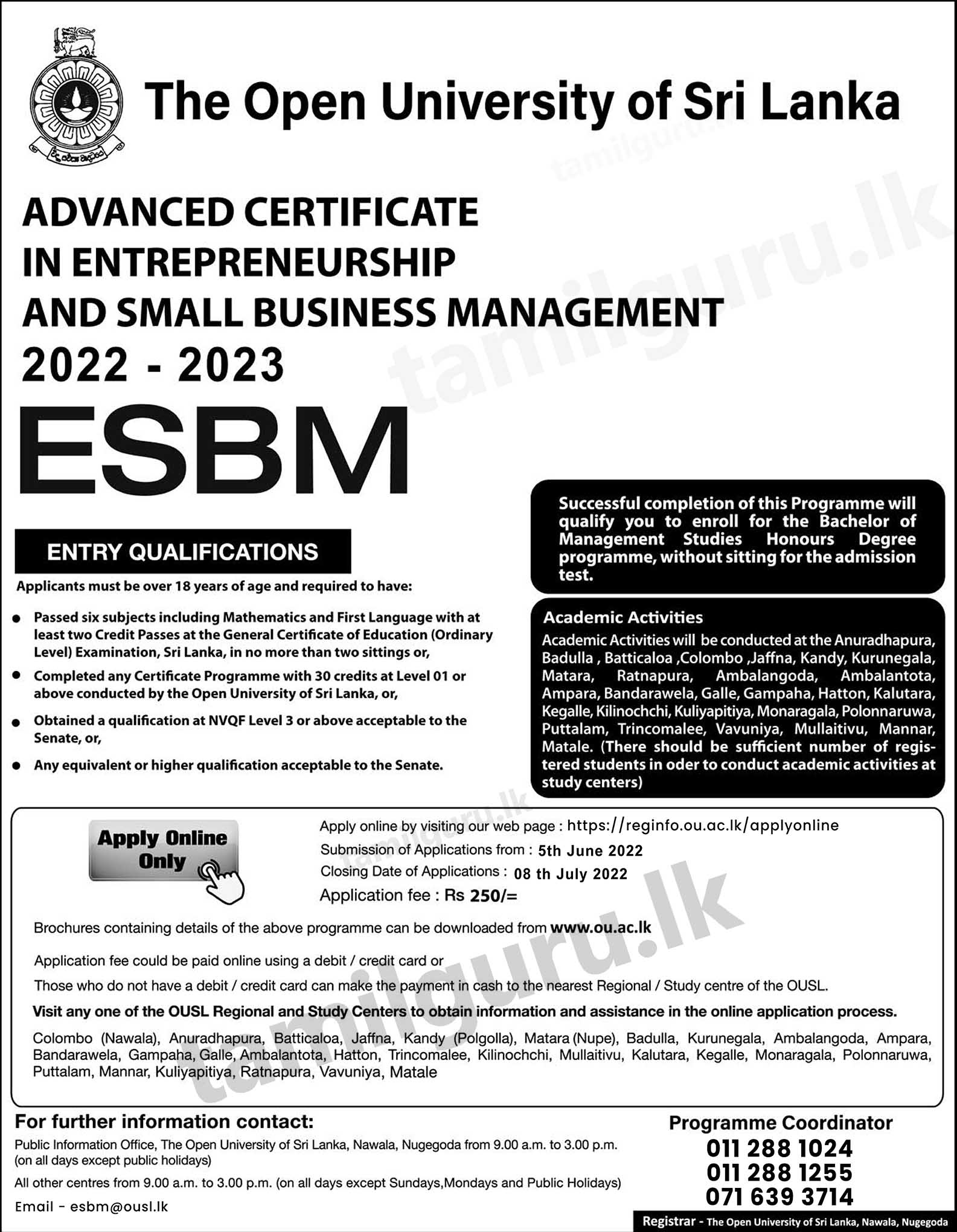 Advanced Certificate in Entrepreneurship and Small Business Management (ESBM) Course 2022/2023 - Open University of Sri Lanka (OUSL)