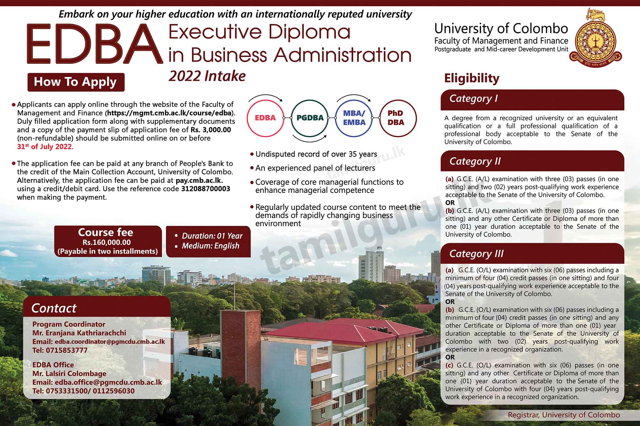 Calling Applications for Executive Diploma in Business Administration (EDBA) Course (2022 Intake) - University of Colombo