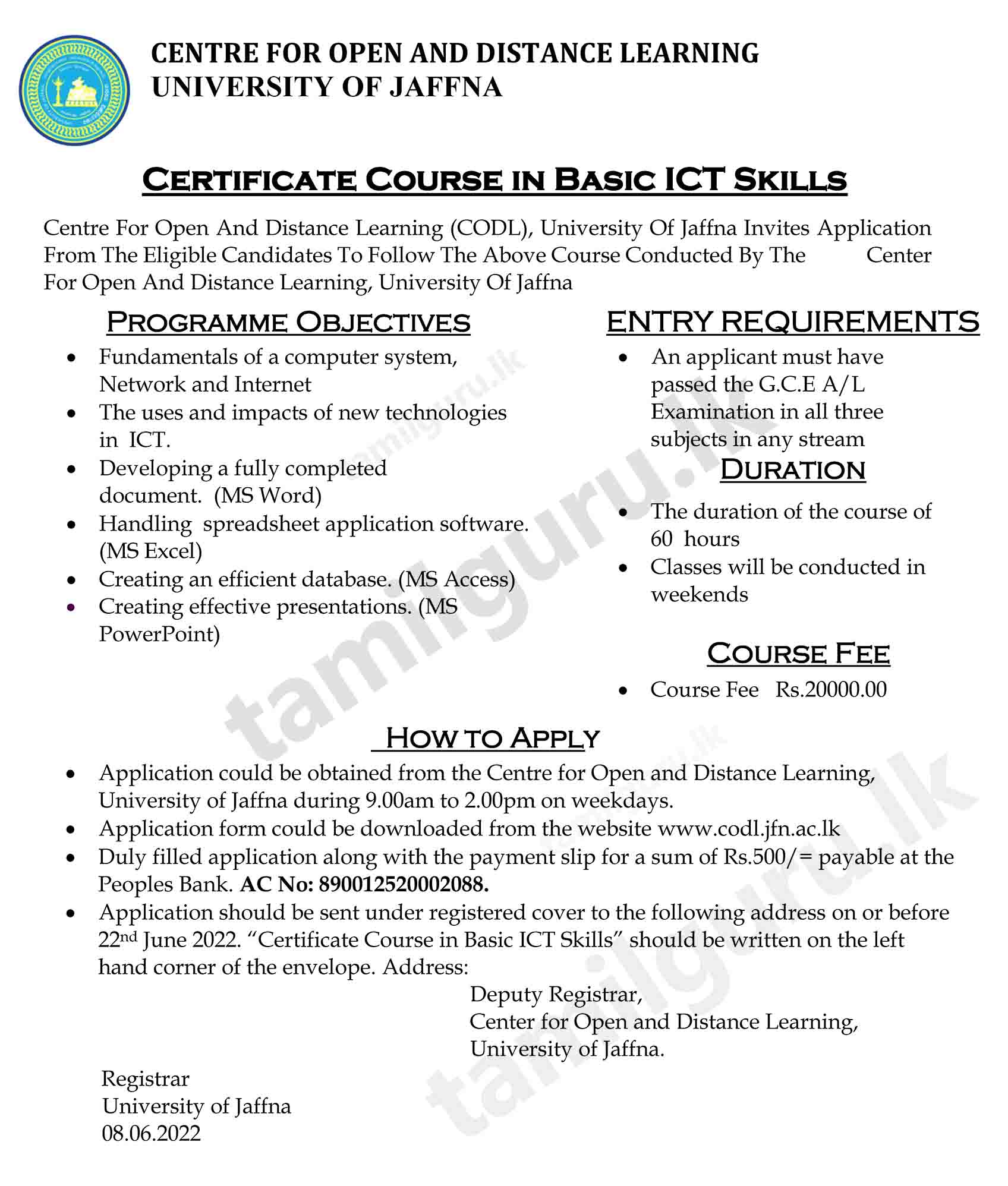 Full Detailed Notice for Certificate Course in Basic ICT Skills (2022) - University of Jaffna
