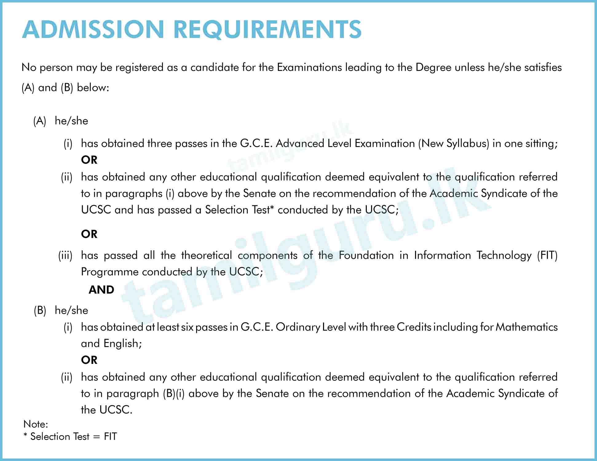 Required Qualifications for Bachelor of Information Technology (BIT) (External) Degree Programme at UCSC