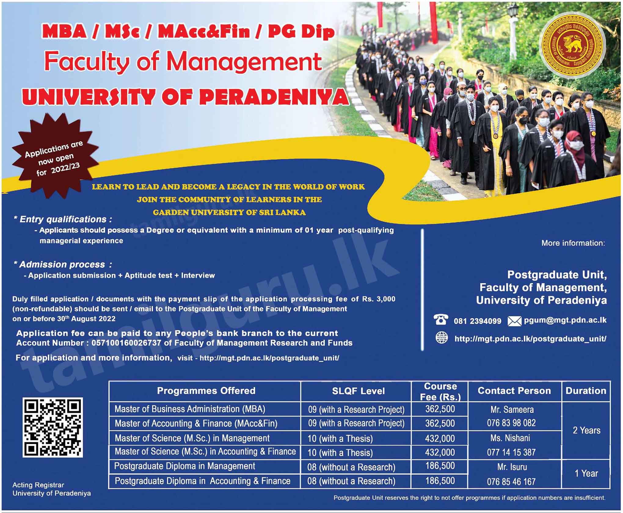 Masters & Postgraduate Programmes 2022/2023 - Faculty of Management, University of Peradeniya